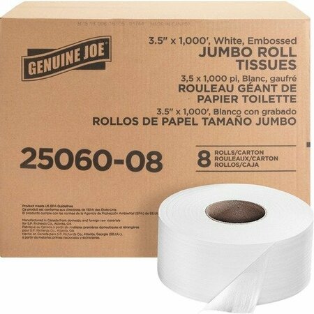 BSC PREFERRED Genuine Joe Bath Tissue Roll, 2-Ply, 3-7/8inx9inx3-1/2in, 1000ft , White, 8PK GJO2506008